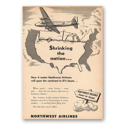 1946 Northwest Airlines Shrinking the Nation Vintage Magazine Print Ad