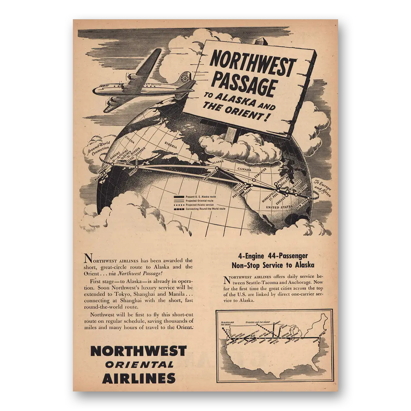 1946 Northwest Airlines Passage to Alaska and Orient Vintage Magazine Print Ad