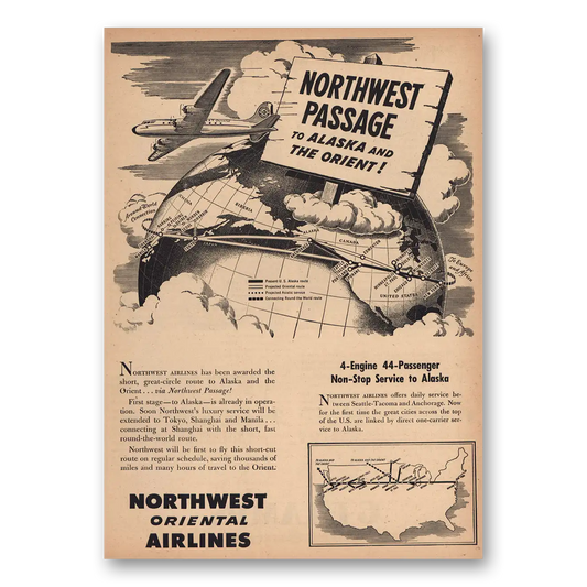 1946 Northwest Airlines Passage to Alaska and Orient Vintage Magazine Print Ad