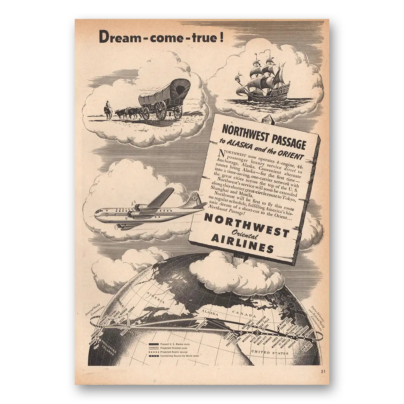 1946 Northwest Orient Dream Come True Vintage Magazine Print Ad