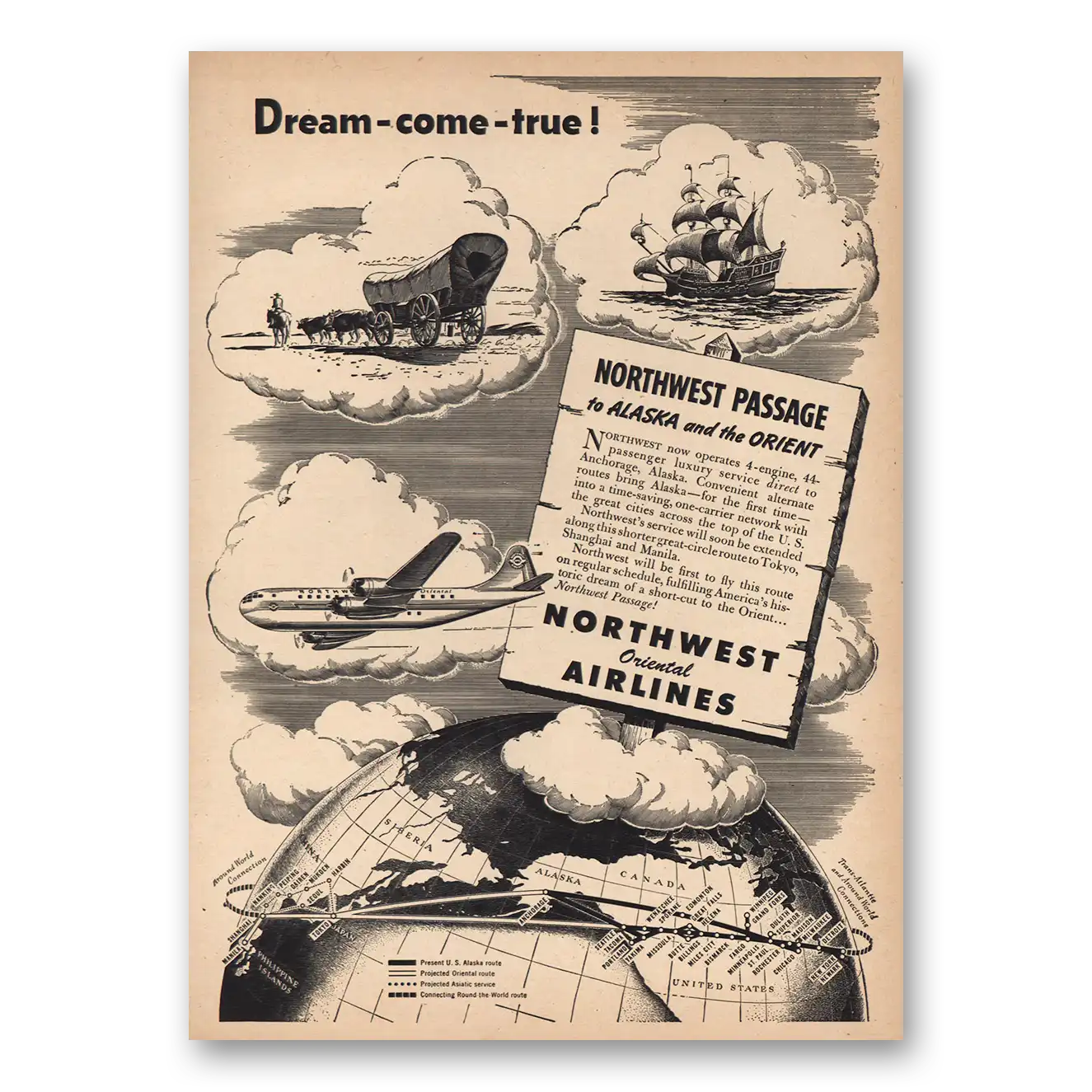 1946 Northwest Airlines Dreams Come True Northwest Passage Vintage Magazine Print Ad