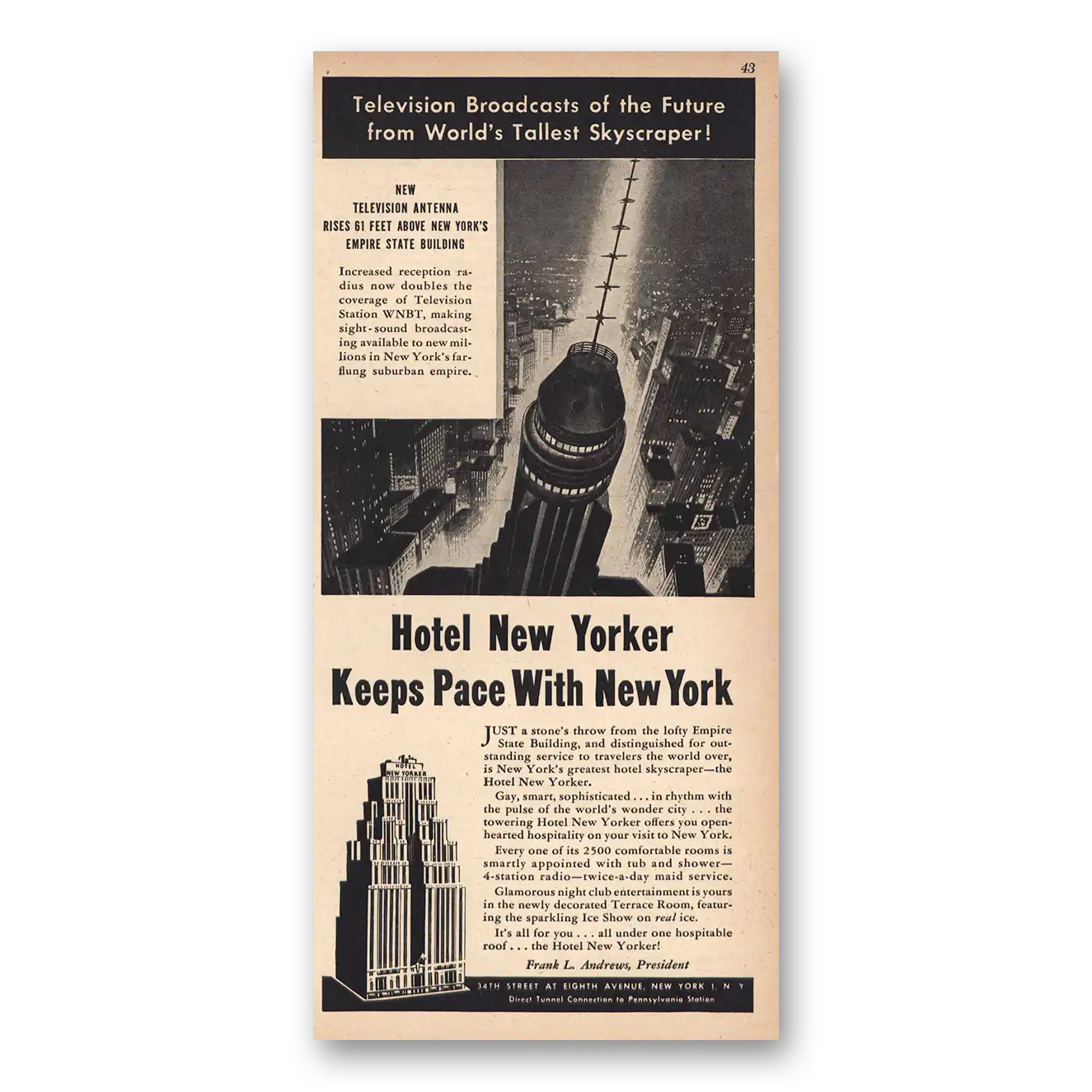 1946 Hotel New Yorker Broadcasts Future Vintage Magazine Print Ad