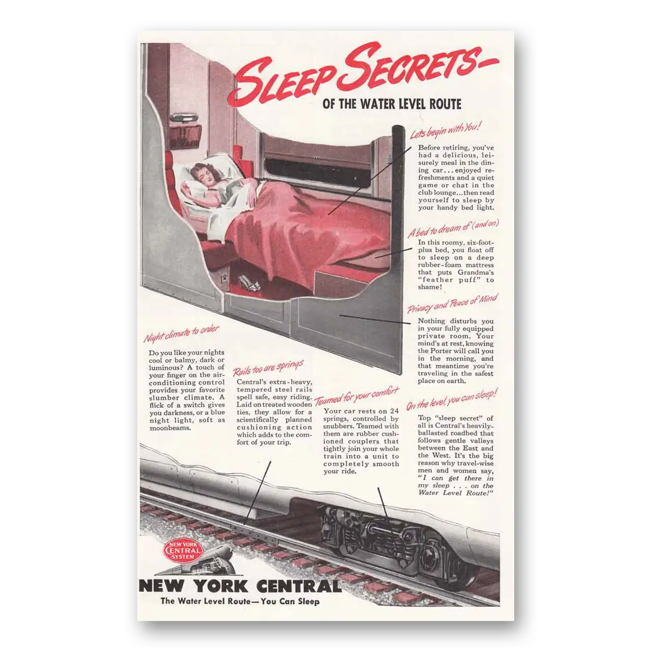 1946 New York Central Sleep Secrets of the Water Level Vintage Magazine Print Ad