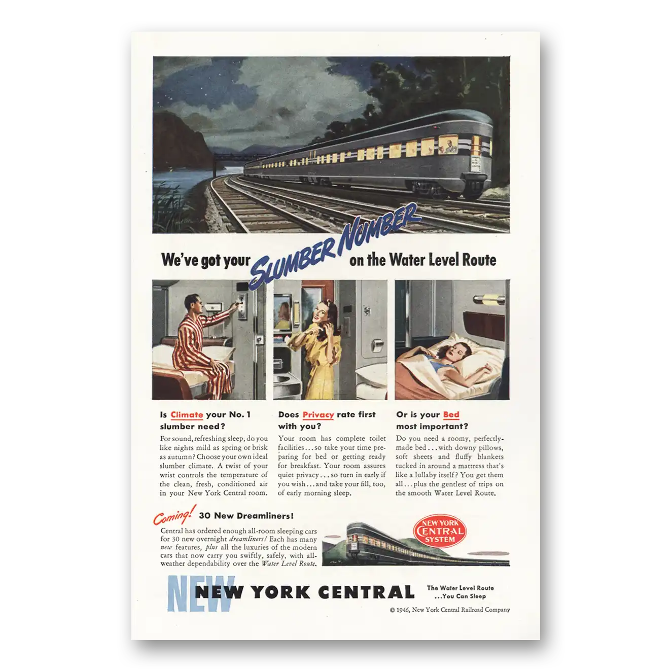 1946 New York Central Slumber Number On the Water Level Route Vintage Magazine Print Ad