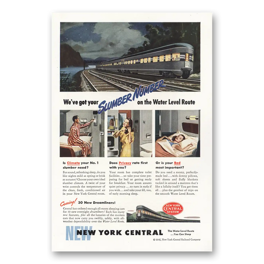 1946 New York Central Slumber Number On the Water Level Route Vintage Magazine Print Ad