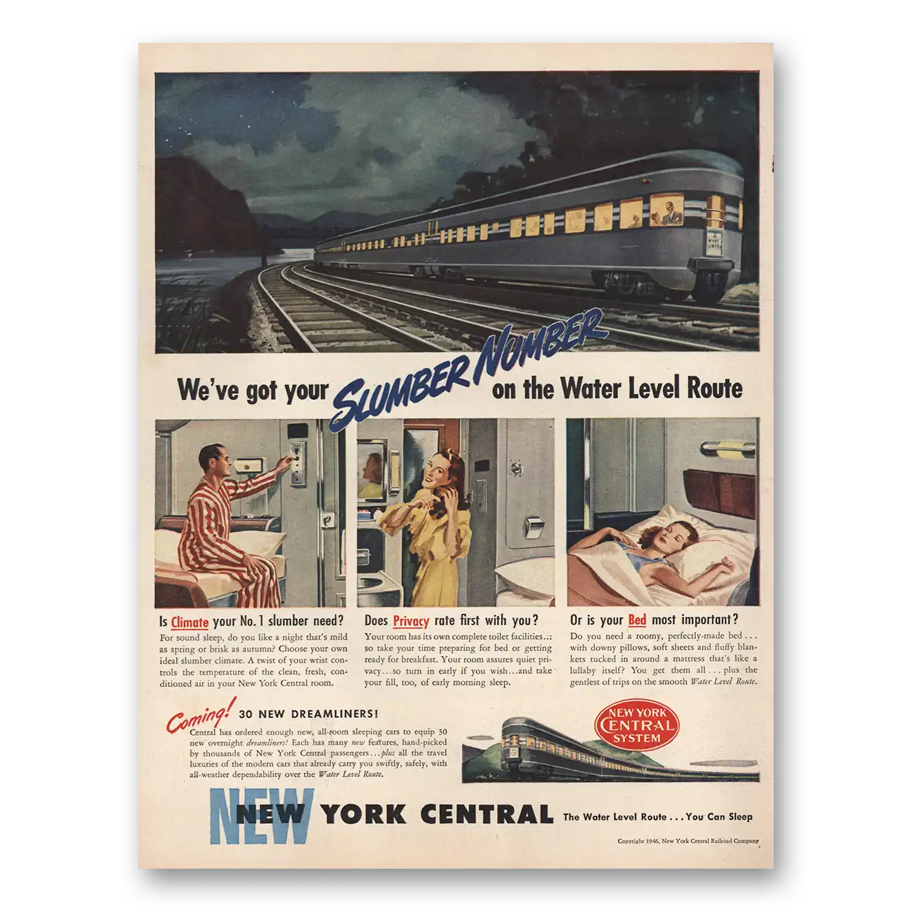 1946 New York Central Slumber Number On the Water Level Route Vintage Magazine Print Ad