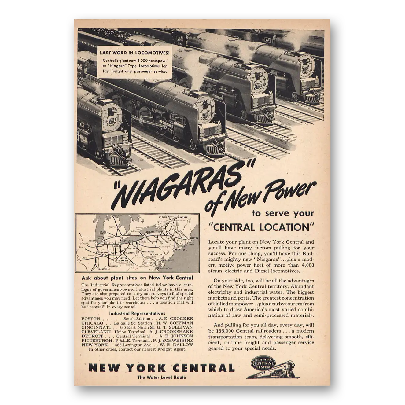 1946 New York Central Niagaras New Power Vintage Magazine Print Ad