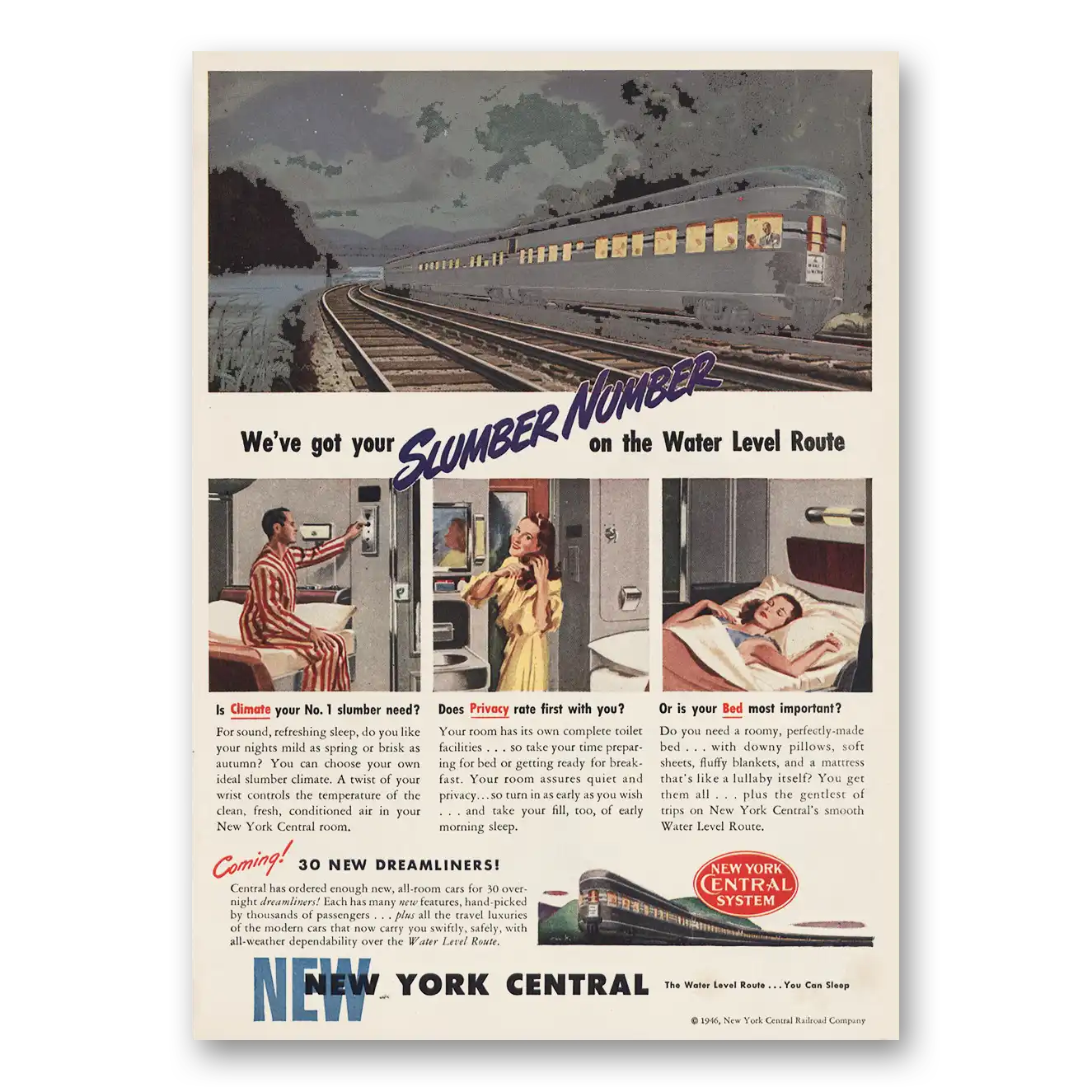 1946 New York Central Slumber Number On the Water Level Vintage Magazine Print Ad