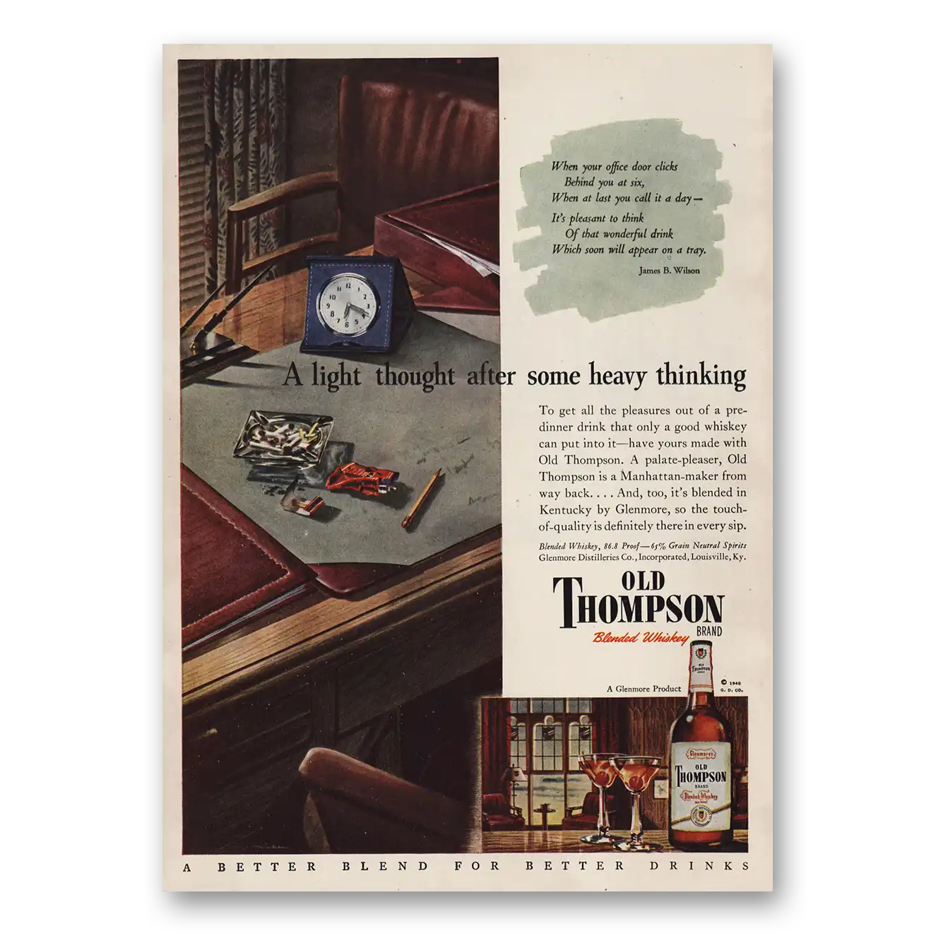 1946 Old Thompson Whiskey Light Thought Heavy Thinking Vintage Magazine Print Ad