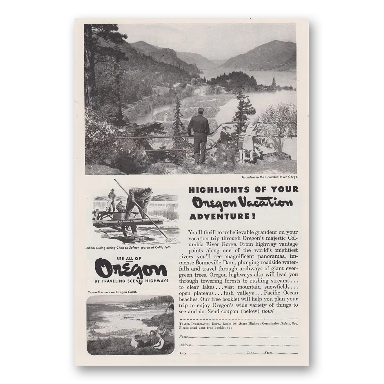 1946 Oregon Highlights of Your Oregon Vacation Adventure Vintage Magazine Print Ad