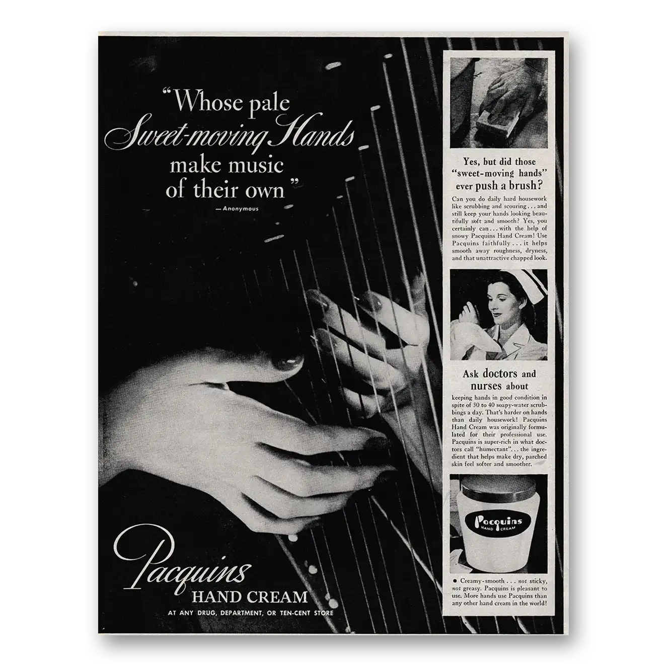 1946 Pacquins Hand Cream Sweet Moving Hands Make Music Vintage Magazine Print Ad