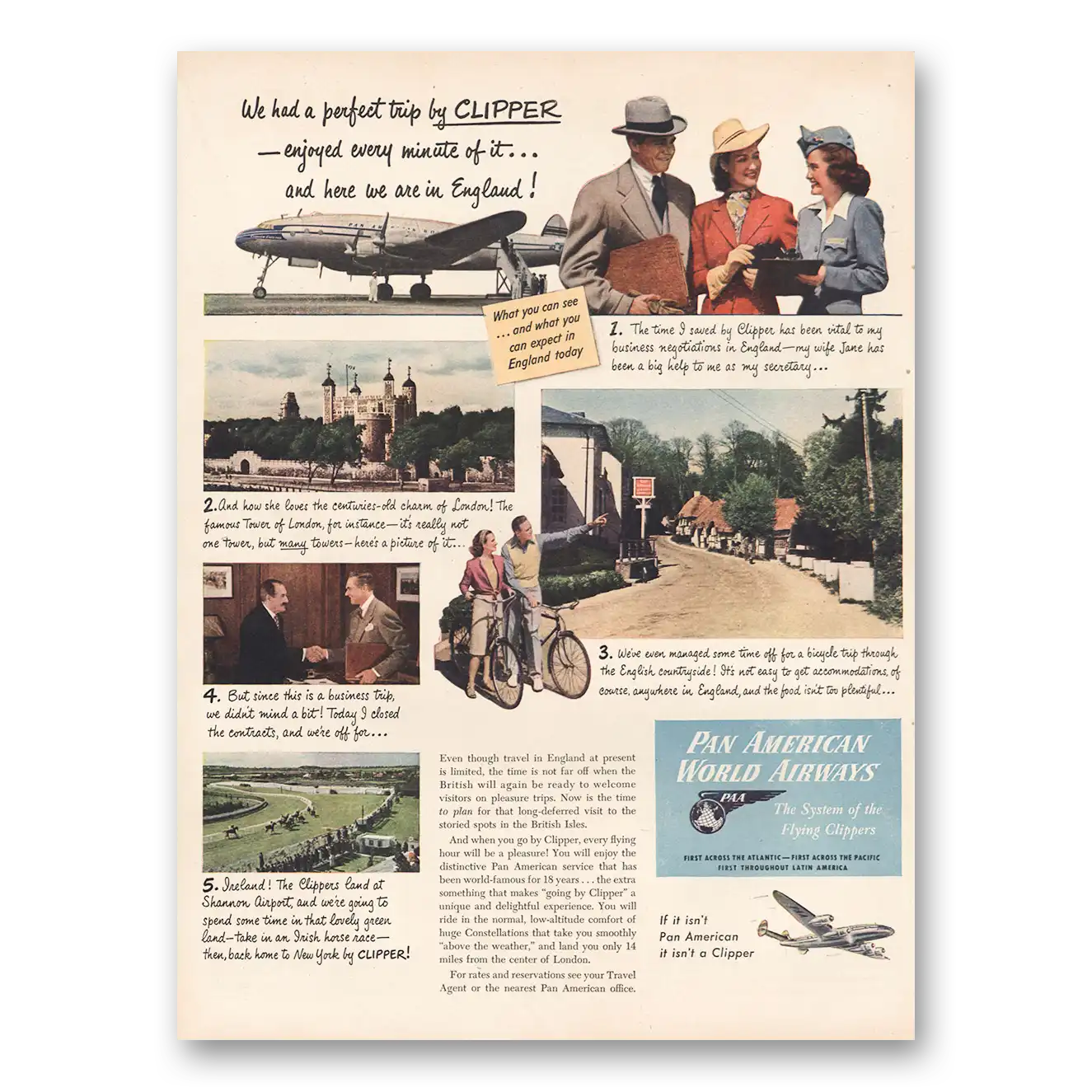 1946 Pan Am Perfect Trip by Clipper Vintage Magazine Print Ad