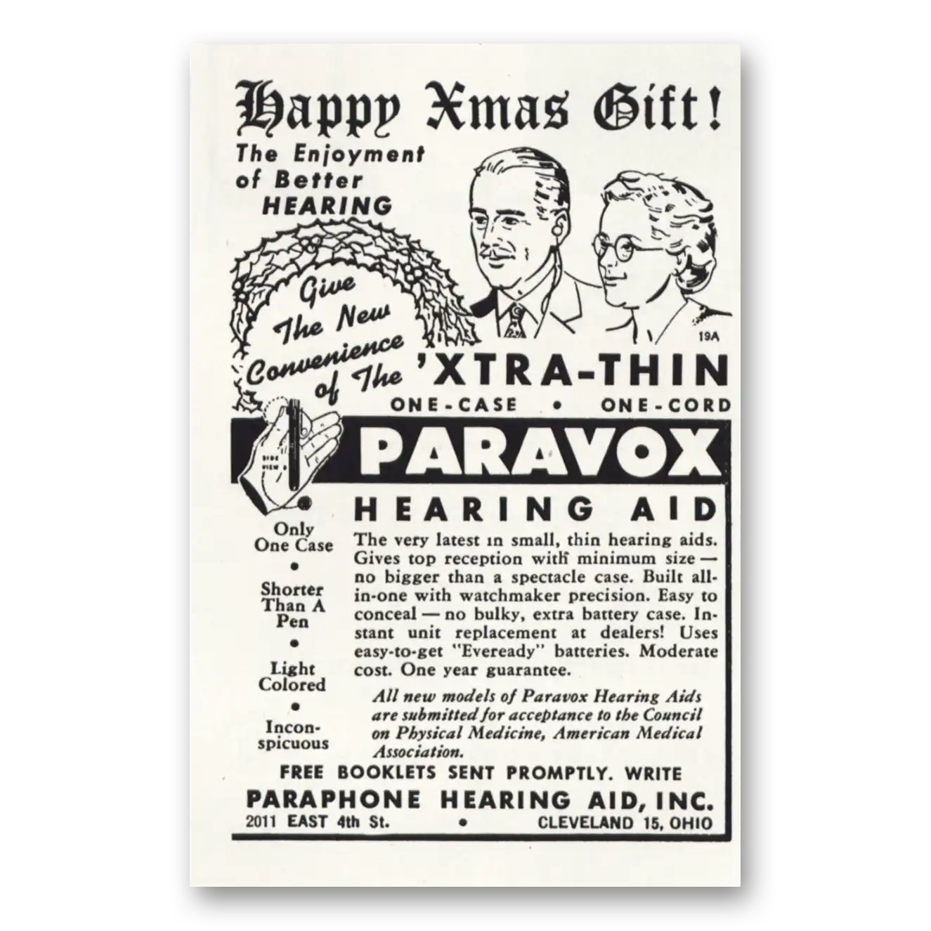 1946 Paravox Hearing Aid Happy Xmas Gift Vintage Magazine Print Ad