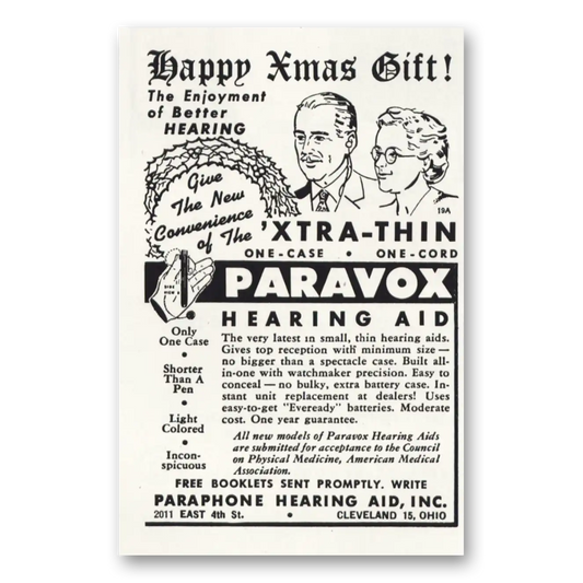 1946 Paravox Hearing Aid Happy Xmas Gift Vintage Magazine Print Ad