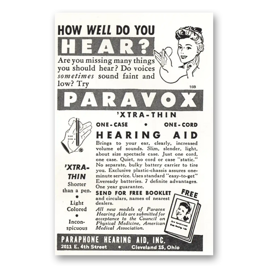 1946 Paravox Hearing Aid How Well Do You Hear Vintage Magazine Print Ad