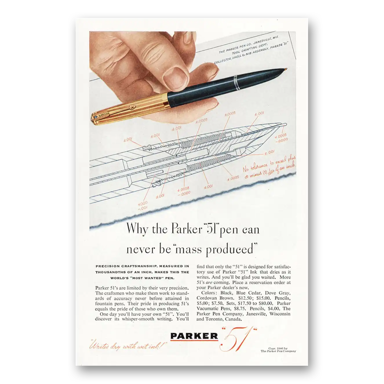 1946 Parker 51 Pen Can Never Be Mass Produced Vintage Magazine Print Ad