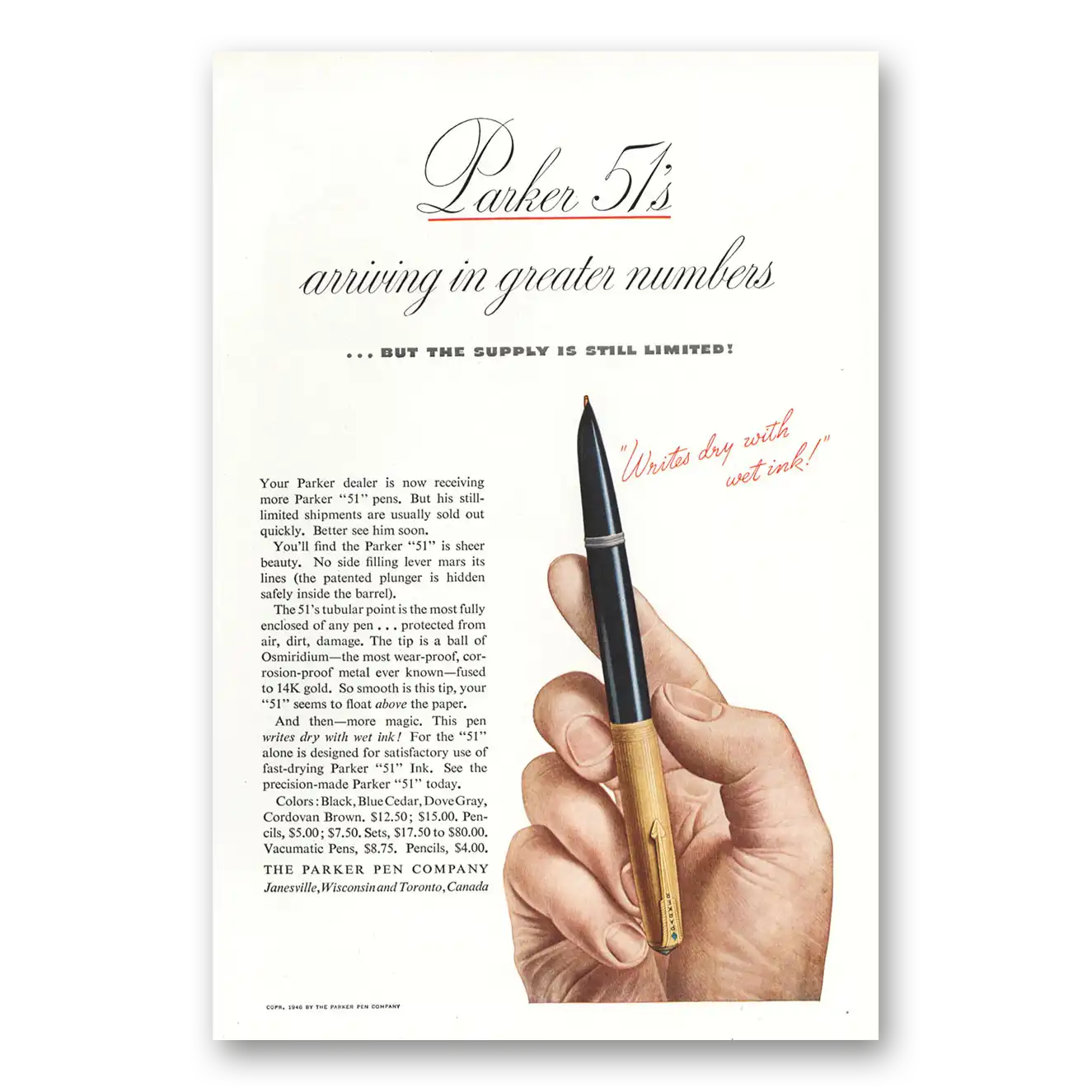 1946 Parker 51 Pen Arriving in Greater Numbers Vintage Magazine Print Ad