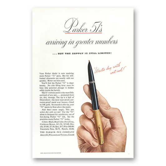 1946 Parker 51 Pen Arriving in Greater Numbers Vintage Magazine Print Ad