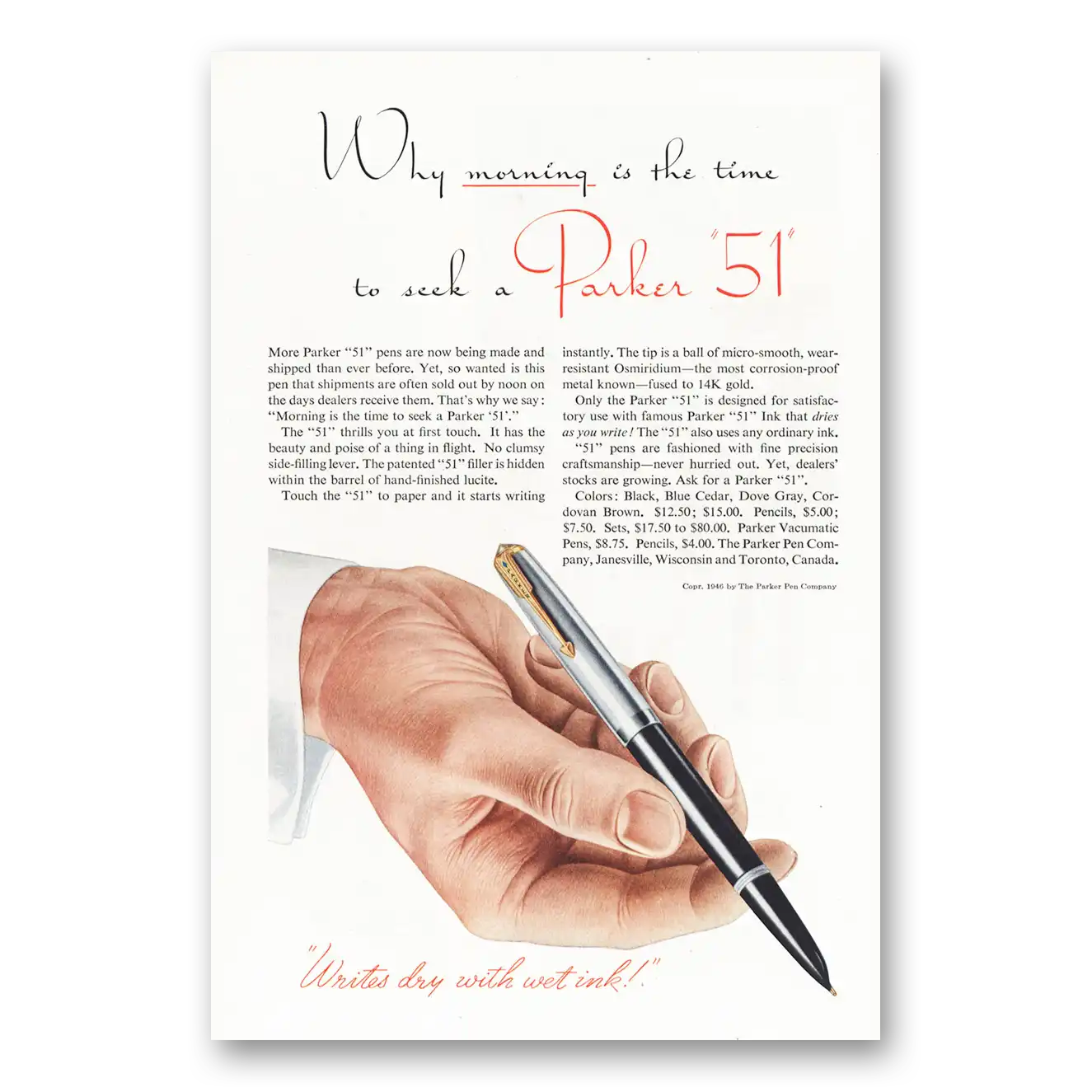 1946 Parker 51 Pen Why Morning Is the Time Vintage Magazine Print Ad