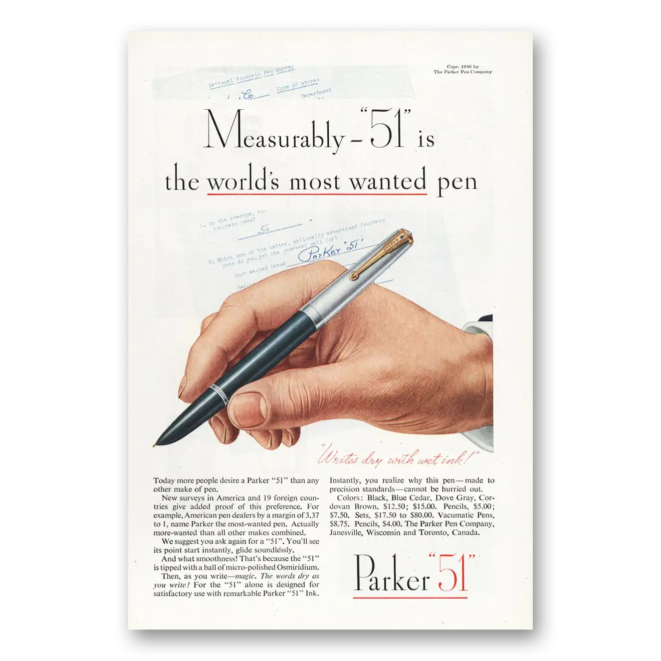 1946 Parker 51 Pen Writes Dry with Wet Ink Parker 51 Vintage Magazine Print Ad