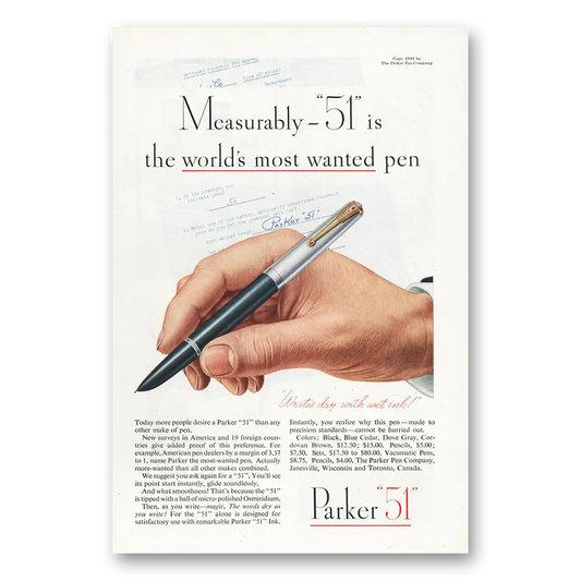 1946 Parker 51 Pen Writes Dry with Wet Ink Parker 51 Vintage Magazine Print Ad