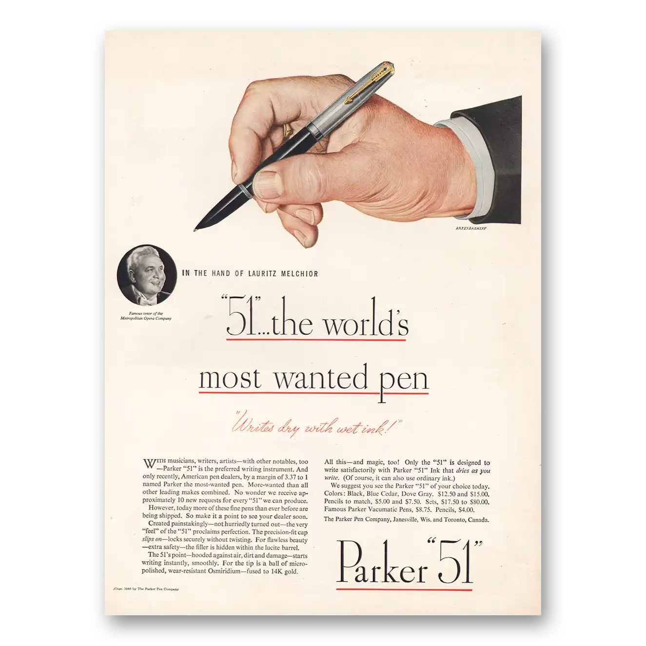 1946 Parker 51 Pen Hand of Lauritz Melchior Vintage Magazine Print Ad