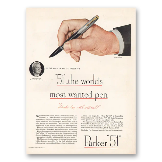 1946 Parker 51 Pen Hand of Lauritz Melchior Vintage Magazine Print Ad