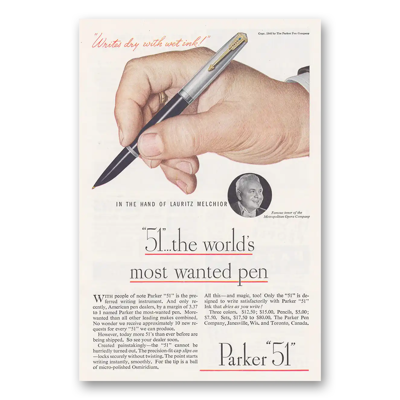 1946 Parker 51 Pen Hand of Lauritz Melchior Vintage Magazine Print Ad