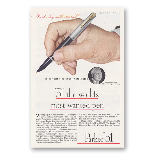 1946 Parker 51 Pen Hand of Lauritz Melchior Vintage Magazine Print Ad