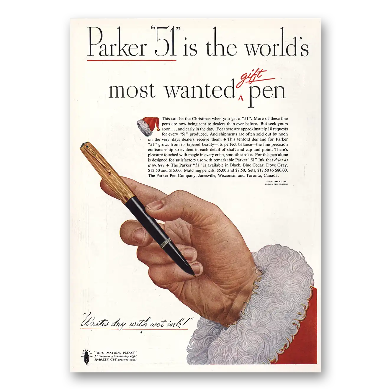 1946 Parker 51 Pen Santa Claus Vintage Magazine Print Ad