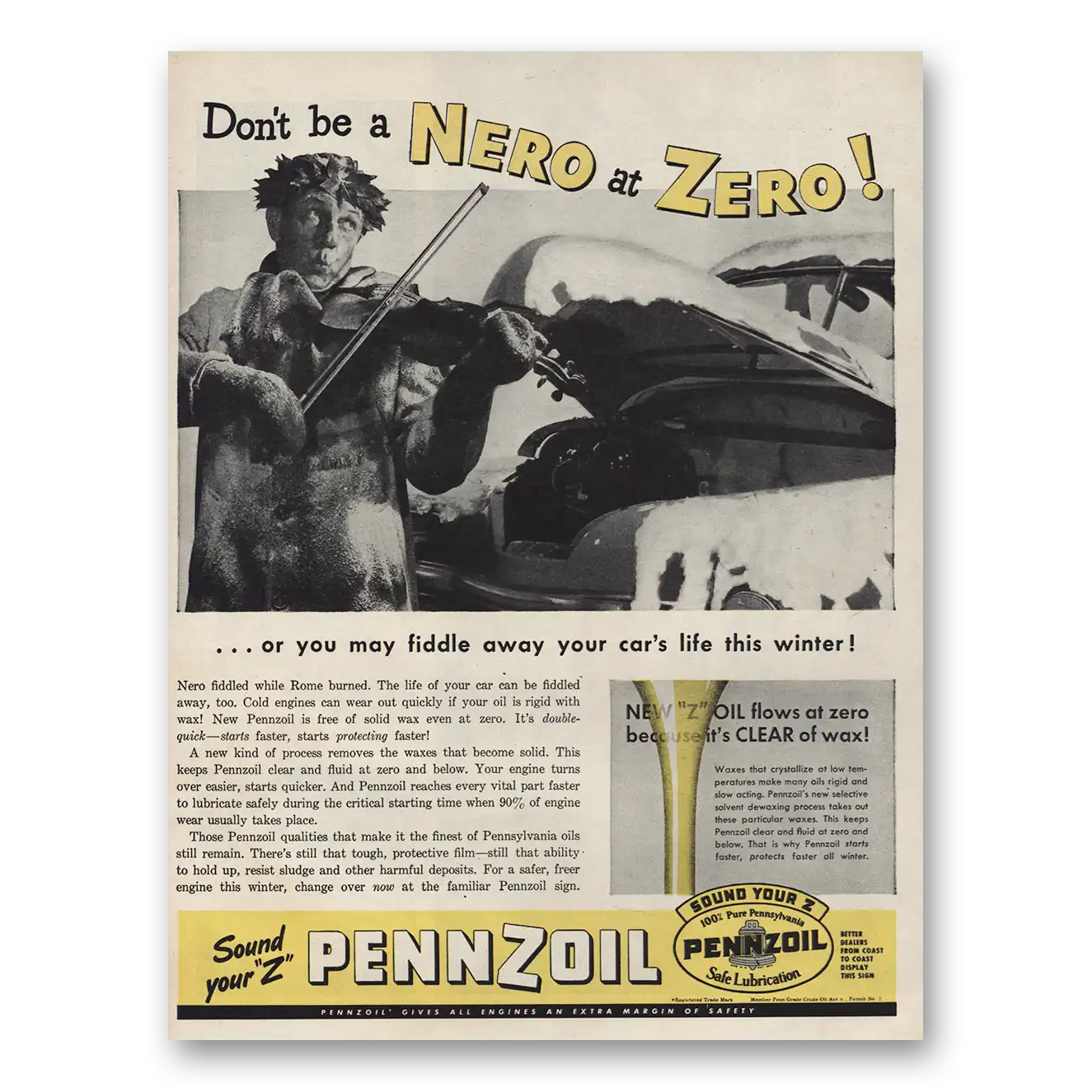 1946 Pennzoil Don’t Be a Nero at Zero Vintage Magazine Print Ad