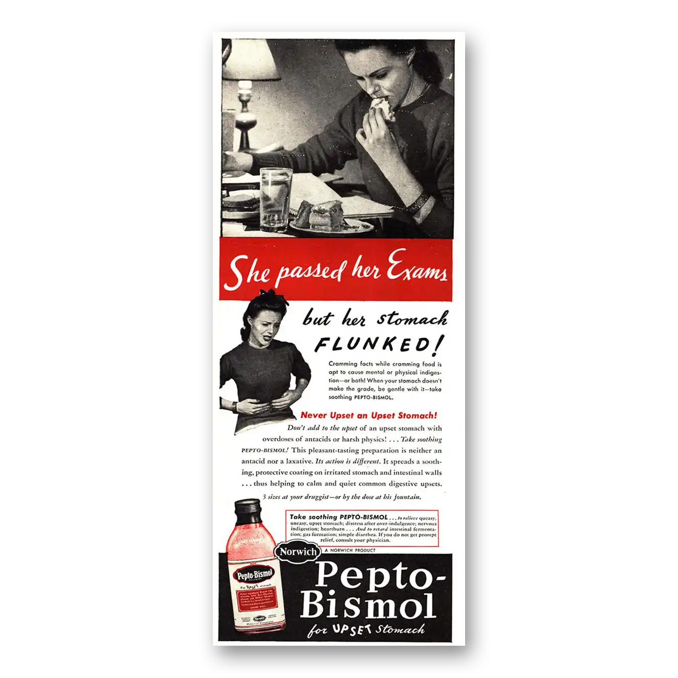 1946 Pepto Bismol She Passed Her Exams Vintage Magazine Print Ad