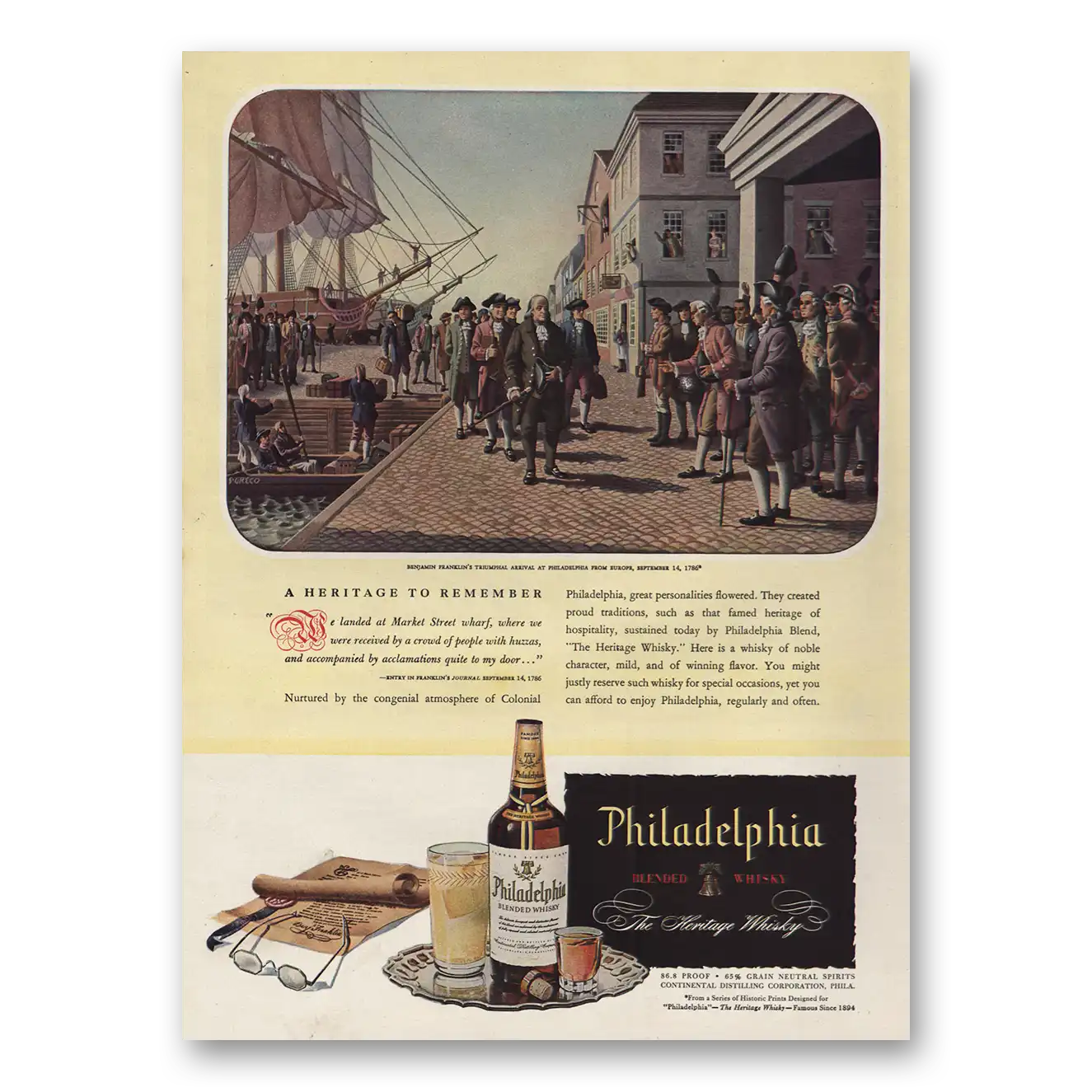 1946 Philadelphia Blended Whisky Benjamin Franklin Arrival Vintage Magazine Print Ad