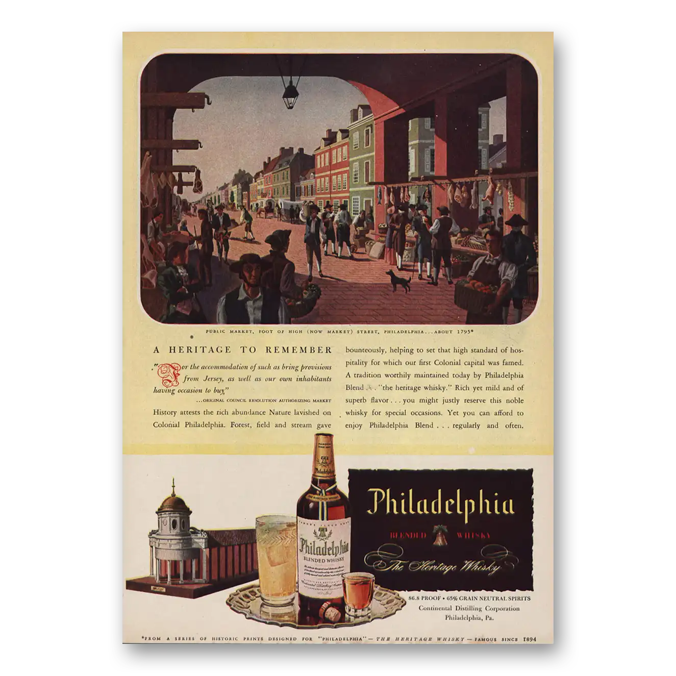 1946 Philadelphia Blended Whisky Public Market Foot of High Street Vintage Magazine Print Ad