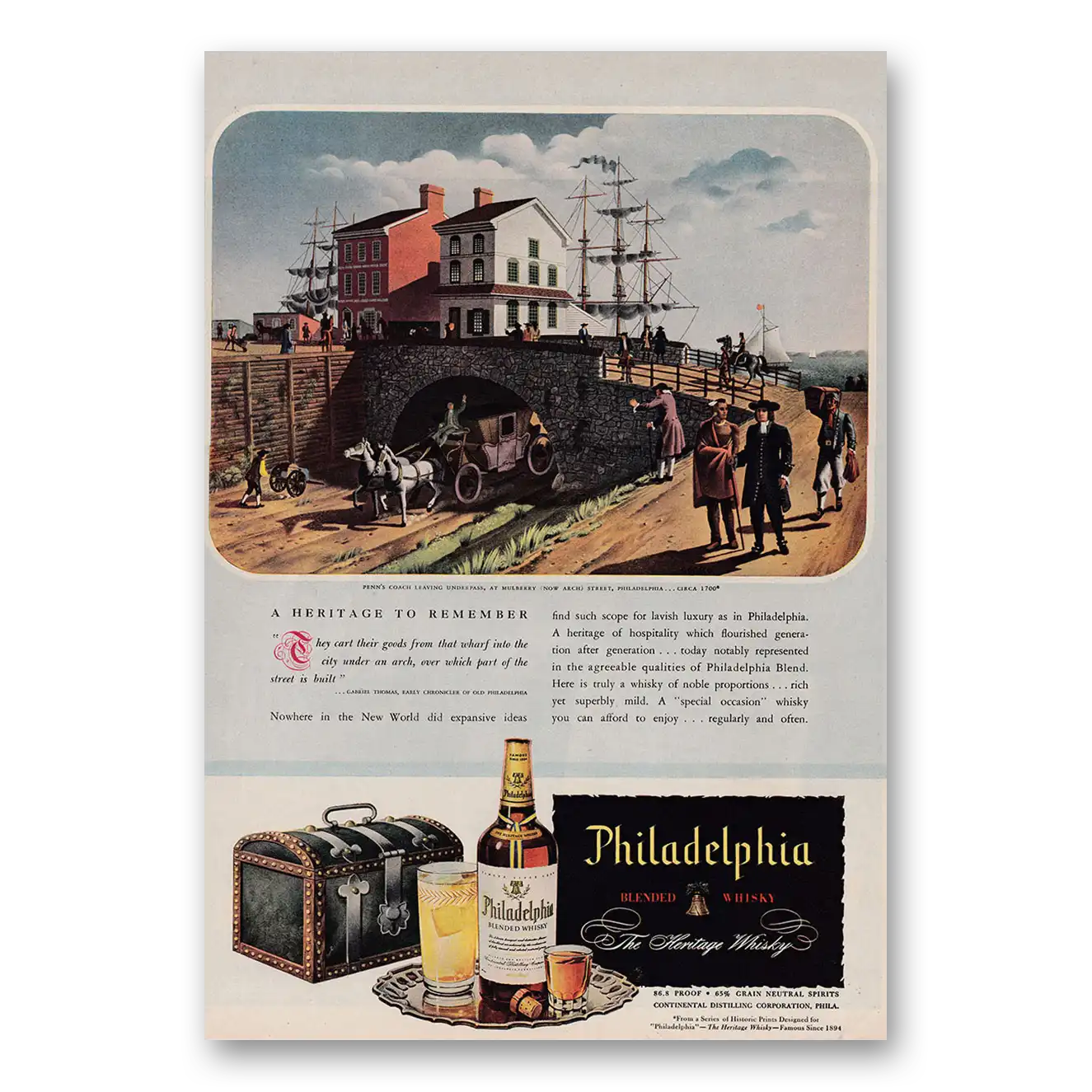 1946 Philadelphia Blended Whisky Penns Coach Leaving Underpass Vintage Magazine Print Ad