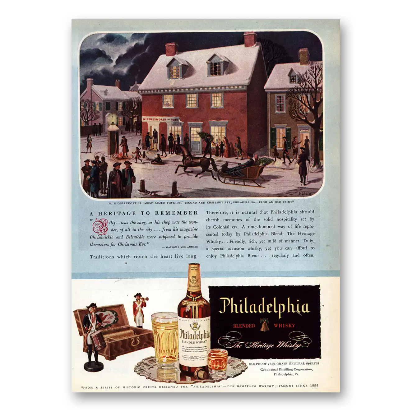 1946 Philadelphia Blended Whisky Wigglesworth Toy Shop Vintage Magazine Print Ad