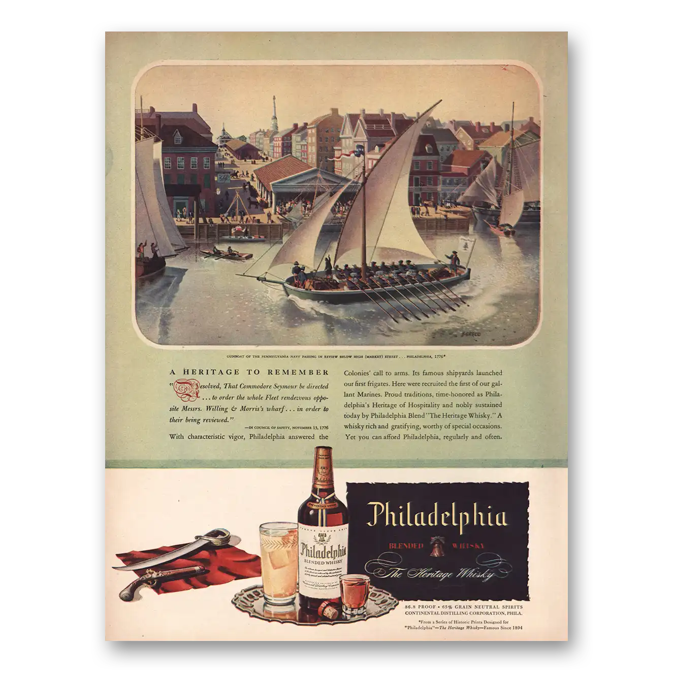 1946 Philadelphia Blended Whisky Gunboat Pennsylvania Navy Vintage Magazine Print Ad