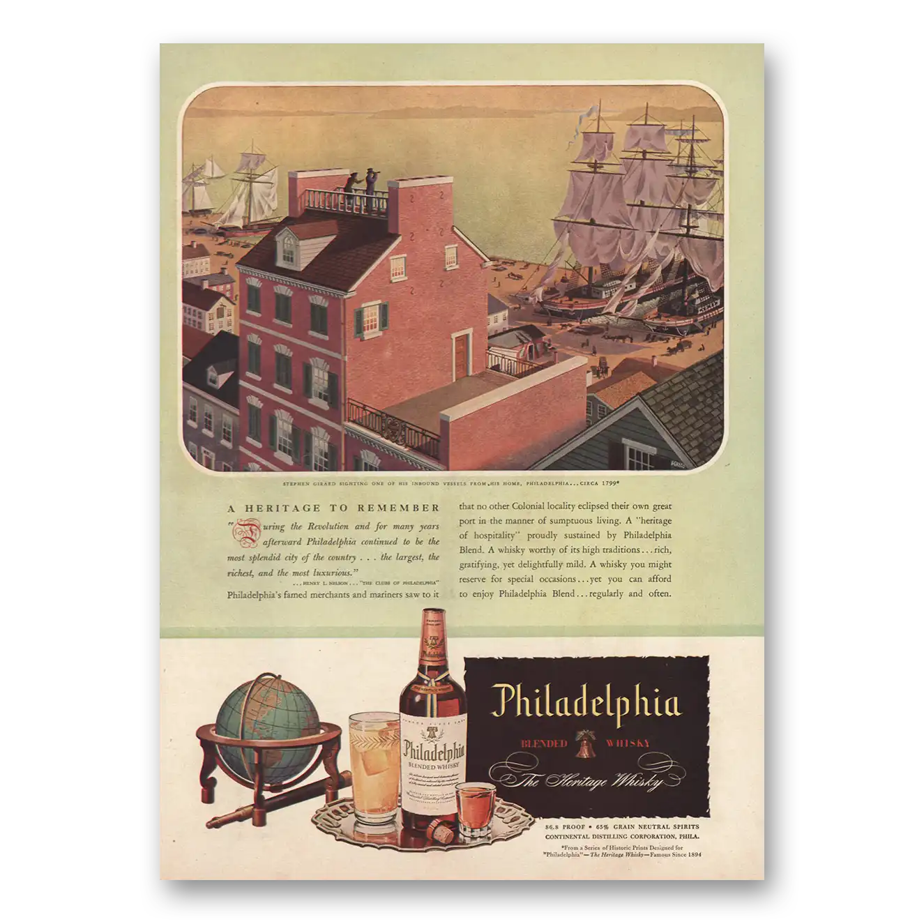 1946 Philadelphia Blended Whisky Stephen Girard Vintage Magazine Print Ad