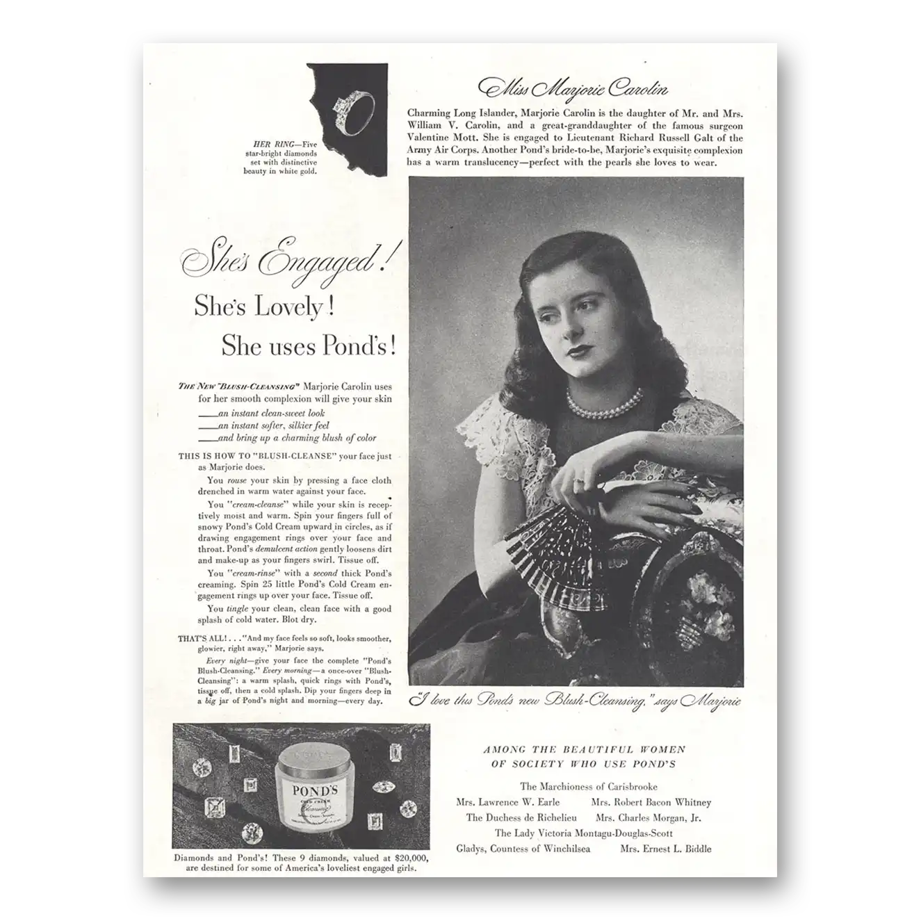 1946 Ponds Cold Cream Engaged Marjorie Carolin Vintage Magazine Print Ad