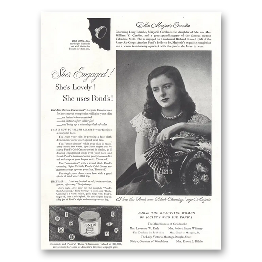 1946 Ponds Cold Cream Engaged Marjorie Carolin Vintage Magazine Print Ad