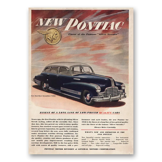 1946 Pontiac Silver Streak Four Door Streamliner Sedan Vintage Magazine Print Ad