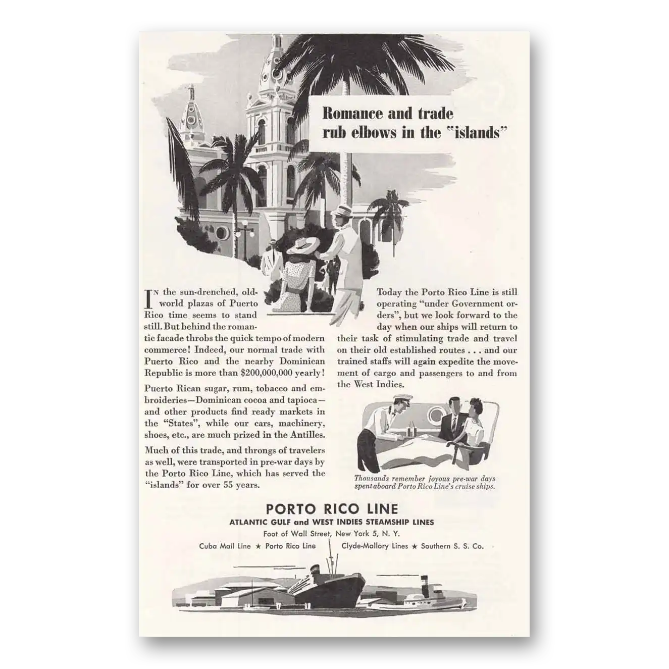 1946 Porto Rico Line Romance and Trade Rub Elbows Vintage Magazine Print Ad