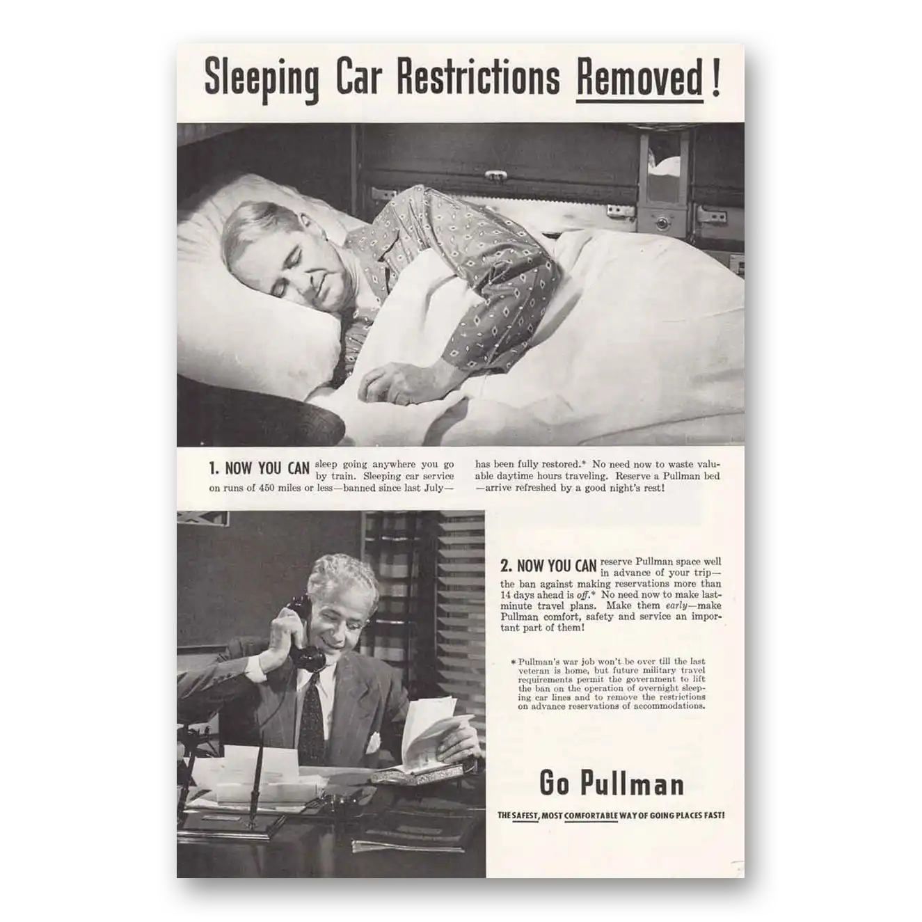 1946 Pullman Sleeping Car Restrictions Removed Vintage Magazine Print Ad