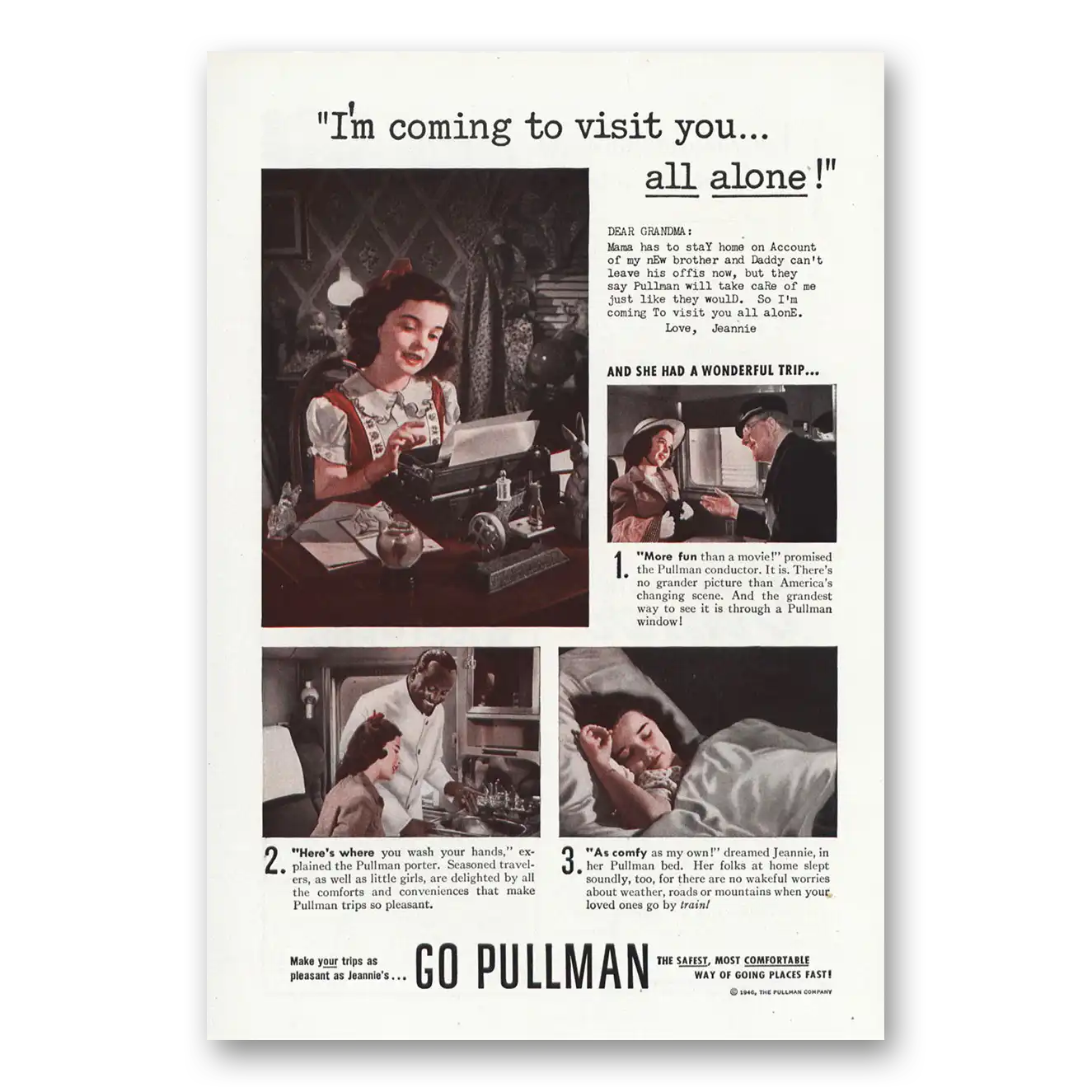 1946 Pullman Coming To Visit You All Alone Vintage Magazine Print Ad