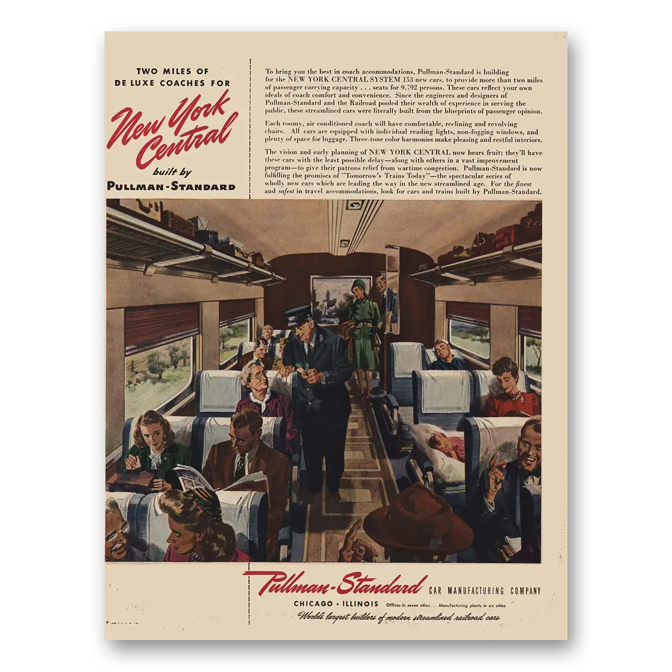 1946 Pullman Two Miles Deluxe Coaches New York Central Vintage Magazine Print Ad