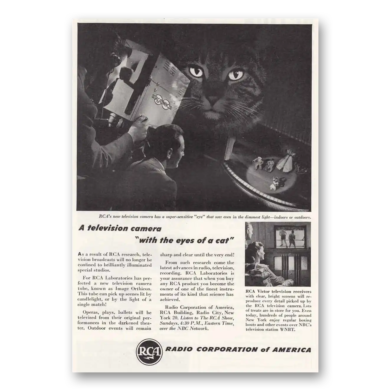 1946 RCA Television Camera With the Eye of Cat Vintage Magazine Print Ad