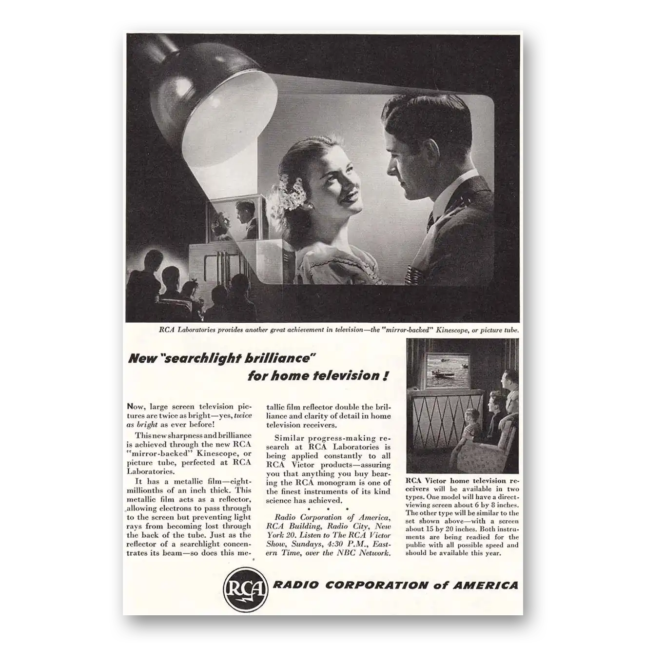 1946 RCA Mirror Backed Kinescope Searchlight Brilliance Vintage Magazine Print Ad