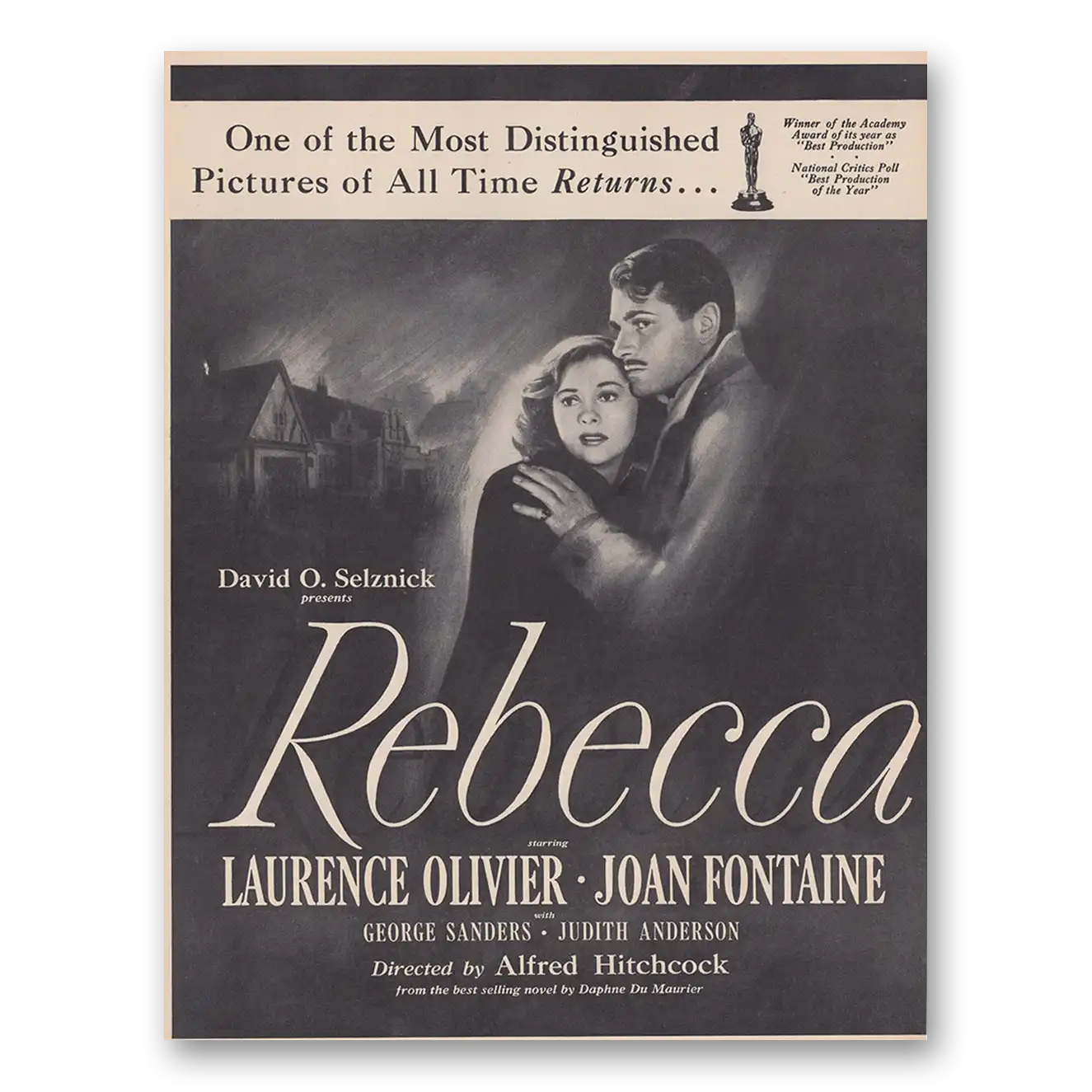 1946 Rebecca Promo Laurence Olivier Joan Fontaine and Alfred Hitchcock Vintage Magazine Print Ad