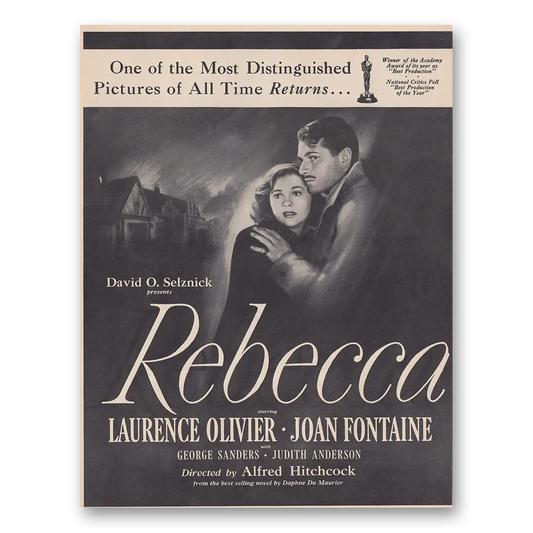 1946 Rebecca Promo Laurence Olivier Joan Fontaine and Alfred Hitchcock Vintage Magazine Print Ad