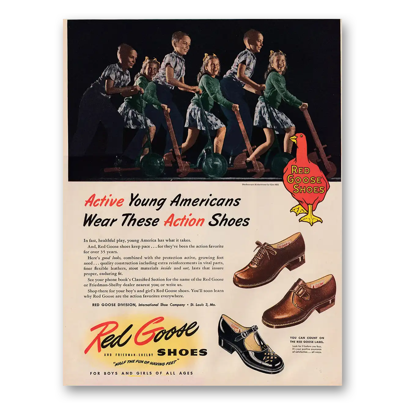 1946 Red Goose Shoes Active Young Americans Wear These Action Shoes Vintage Magazine Print Ad